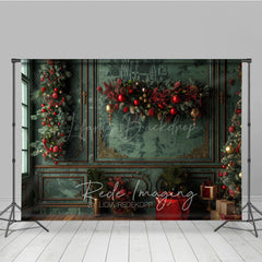 Lofaris Elegant Green and Gold Christmas Photography Backdrop Vintage Room with Garland Holiday Photo Background