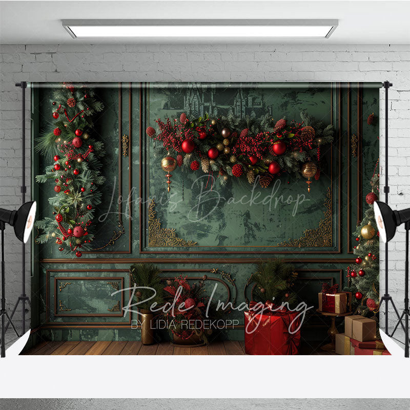 Lofaris Elegant Green and Gold Christmas Photography Backdrop Vintage Room with Garland Holiday Photo Background