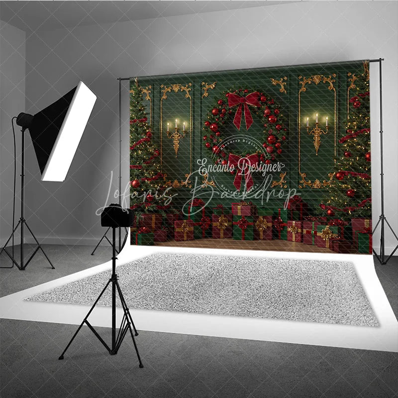 Lofaris Elegant Green and Red Christmas Photography Backdrop Classic Wall with Gold Accents Holiday Photo Background