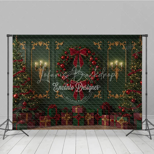 Lofaris Elegant Green and Red Christmas Photography Backdrop Classic Wall with Gold Accents Holiday Photo Background