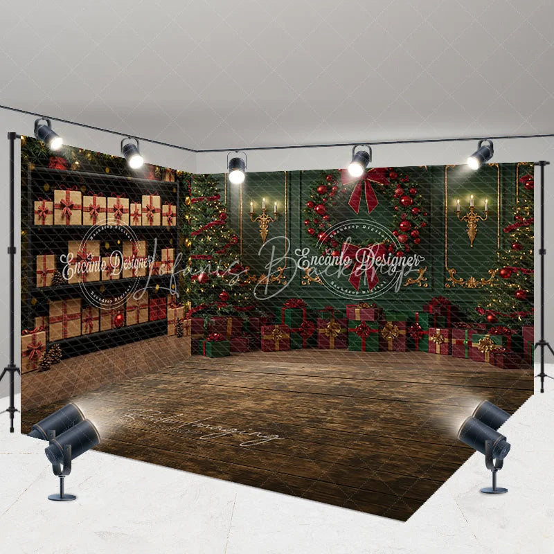 Lofaris Elegant Green and Red Christmas Room Set Backdrop with Gift Wall Wreath Wood Floor Holiday Photo Studio
