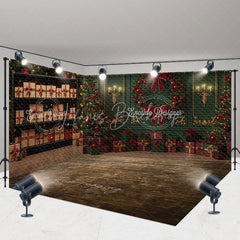 Lofaris Elegant Green and Red Christmas Room Set Backdrop with Gift Wall Wreath Wood Floor Holiday Photo Studio