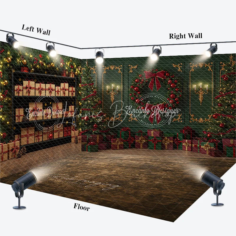 Lofaris Elegant Green and Red Christmas Room Set Backdrop with Gift Wall Wreath Wood Floor Holiday Photo Studio