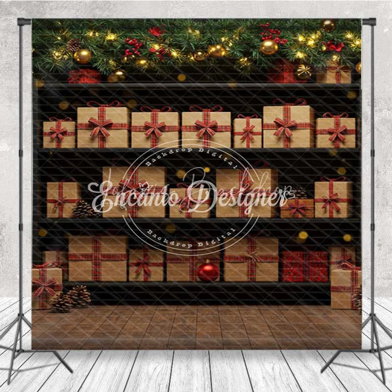 Lofaris Elegant Green and Red Christmas Room Set Backdrop with Gift Wall Wreath Wood Floor Holiday Photo Studio