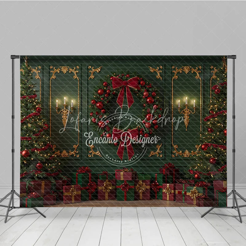 Lofaris Elegant Green and Red Christmas Room Set Backdrop with Gift Wall Wreath Wood Floor Holiday Photo Studio