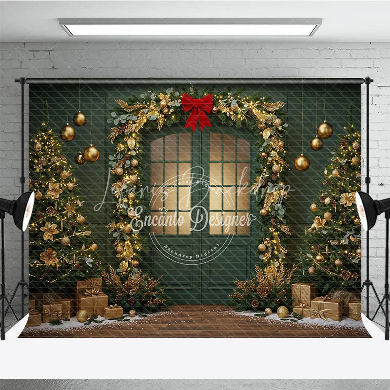 Lofaris Elegant Green Christmas Door Photography Backdrop Gold Garland Arch in Snow Holiday Mini Session Background
