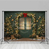 Lofaris Elegant Green Christmas Door Photography Backdrop Gold Garland Arch in Snow Holiday Mini Session Background
