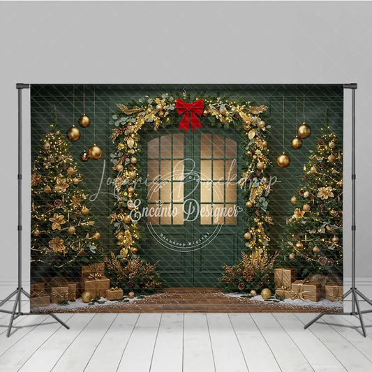 Lofaris Elegant Green Christmas Door Photography Backdrop Gold Garland Arch in Snow Holiday Mini Session Background