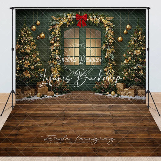 Lofaris Elegant Green Christmas Door with Golden Garland and Decorated Trees Combo Set Backdrop Festive Holiday Party Decor