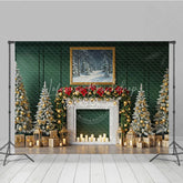 Lofaris Elegant Green Christmas Fireplace Photography Backdrop Flocked Trees with Gold Garland Holiday Photo Background