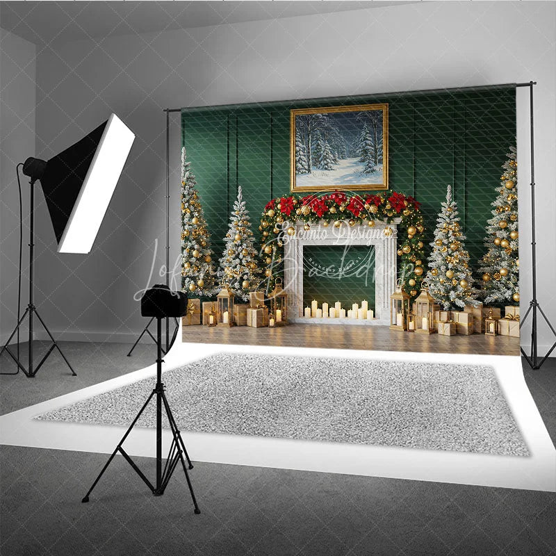 Lofaris Elegant Green Christmas Fireplace Photography Backdrop Flocked Trees with Gold Garland Holiday Photo Background