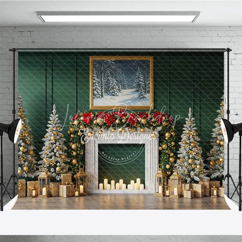 Lofaris Elegant Green Christmas Fireplace Photography Backdrop Flocked Trees with Gold Garland Holiday Photo Background