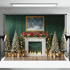 Lofaris Elegant Green Christmas Fireplace Photography Backdrop Flocked Trees with Gold Garland Holiday Photo Background