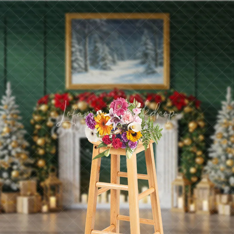 Lofaris Elegant Green Christmas Fireplace Photography Backdrop Flocked Trees with Gold Garland Holiday Photo Background