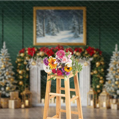 Lofaris Elegant Green Christmas Fireplace Photography Backdrop Flocked Trees with Gold Garland Holiday Photo Background