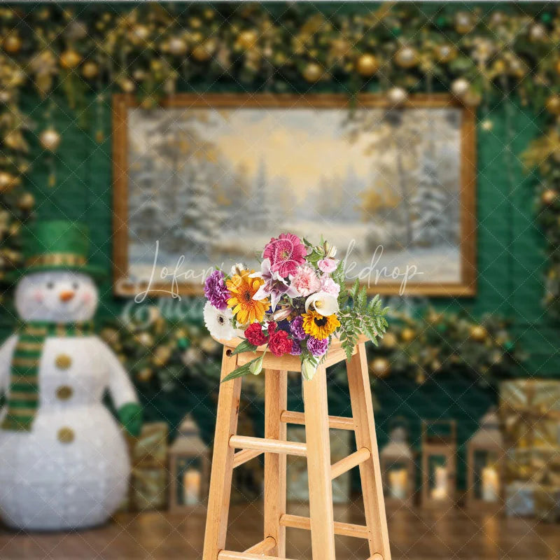 Lofaris Elegant Green Christmas Photography Backdrop Lighted Snowman with Gold Garland Holiday Mini Session Background