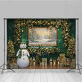 Lofaris Elegant Green Christmas Photography Backdrop Lighted Snowman with Gold Garland Holiday Mini Session Background