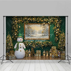 Lofaris Elegant Green Christmas Photography Backdrop Lighted Snowman with Gold Garland Holiday Mini Session Background