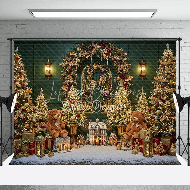 Lofaris Elegant Green Christmas Photography Backdrop Teddy Bears and a Miniature Village Holiday Mini Session Background