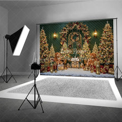 Lofaris Elegant Green Christmas Photography Backdrop Teddy Bears and a Miniature Village Holiday Mini Session Background