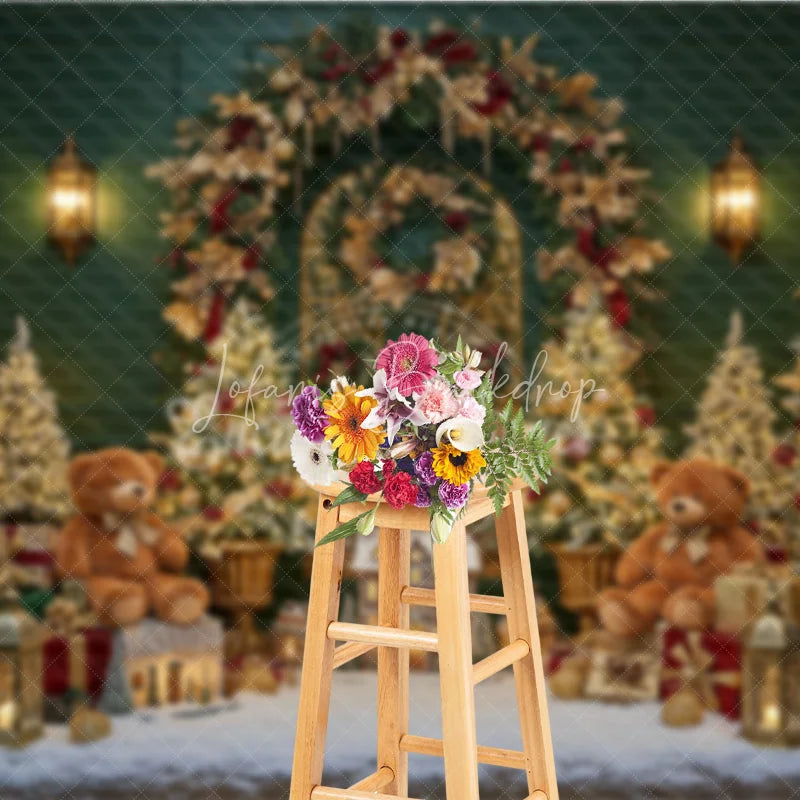 Lofaris Elegant Green Christmas Photography Backdrop Teddy Bears and a Miniature Village Holiday Mini Session Background