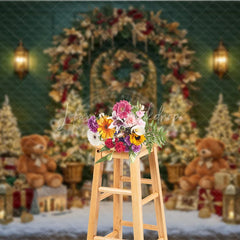 Lofaris Elegant Green Christmas Photography Backdrop Teddy Bears and a Miniature Village Holiday Mini Session Background