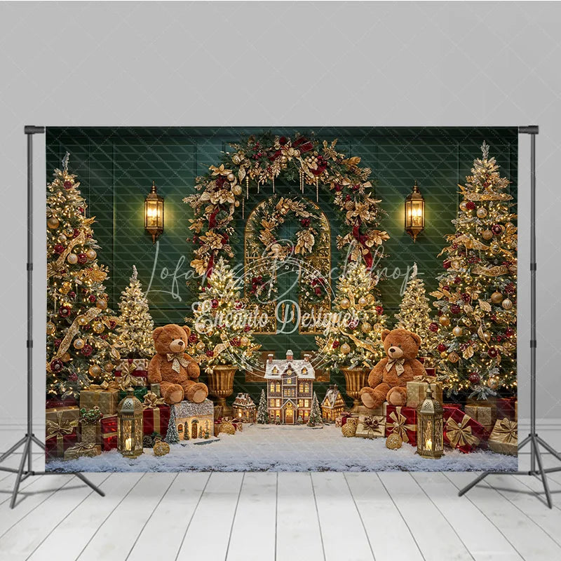 Lofaris Elegant Green Christmas Photography Backdrop Teddy Bears and a Miniature Village Holiday Mini Session Background