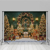Lofaris Elegant Green Christmas Photography Backdrop Teddy Bears and a Miniature Village Holiday Mini Session Background