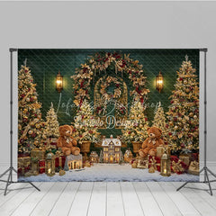 Lofaris Elegant Green Christmas Photography Backdrop Teddy Bears and a Miniature Village Holiday Mini Session Background