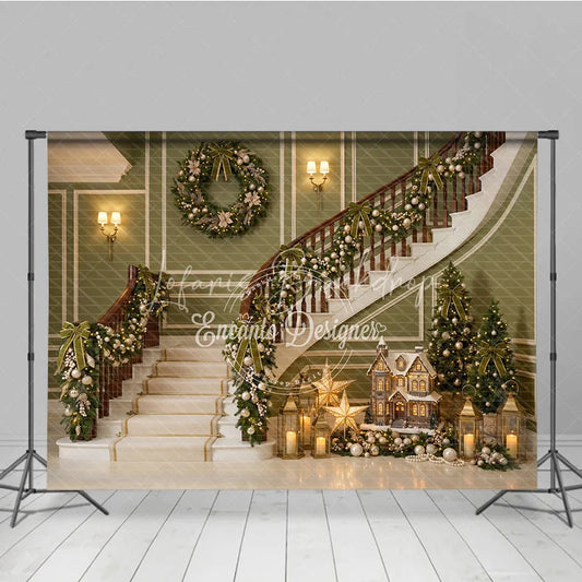 Lofaris Elegant Green Christmas Staircase Holiday Backdrop with Festive Garlands and Wreath Winter Decor
