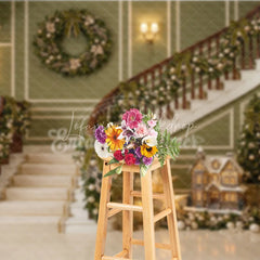 Lofaris Elegant Green Christmas Staircase Holiday Backdrop with Festive Garlands and Wreath Winter Decor