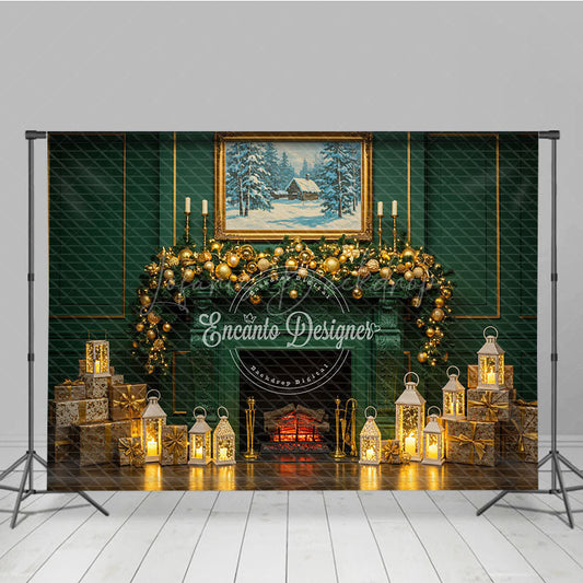 Lofaris Elegant Green Fireplace Photography Backdrop Gold Garland and Lanterns Luxury Christmas Photo Background
