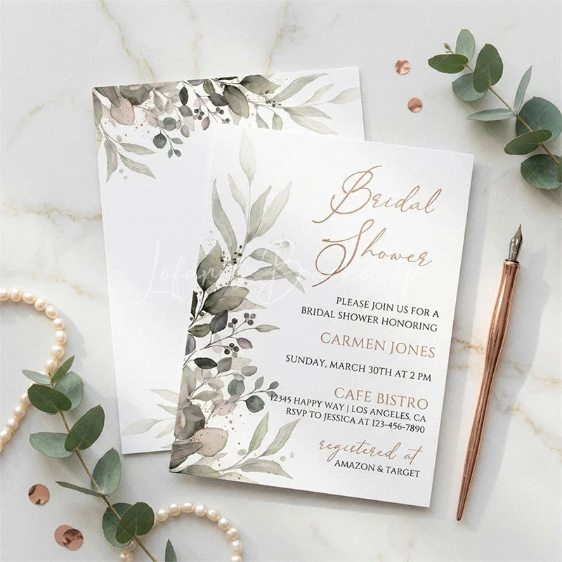 Lofaris Elegant Greenery and Gold Leaves Custom Invitation Bridal Shower Party Supplies for Bride