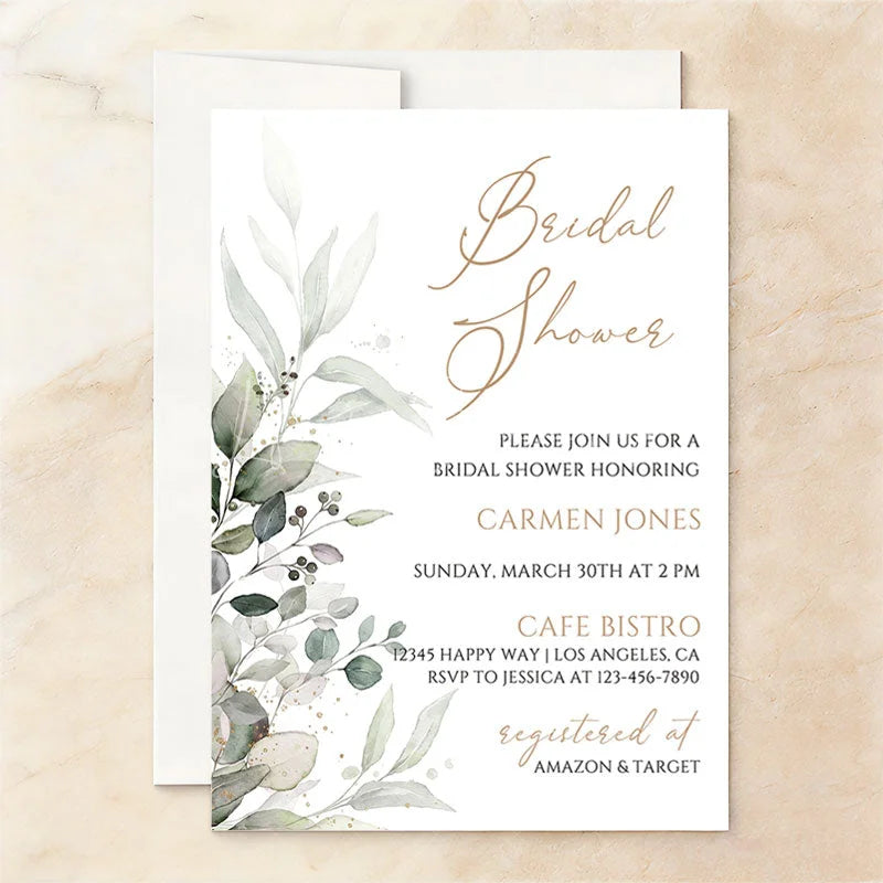 Lofaris Elegant Greenery and Gold Leaves Custom Invitation Bridal Shower Party Supplies for Bride