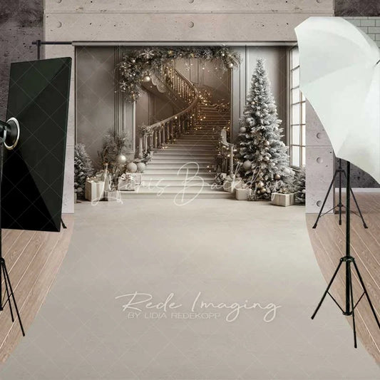 Lofaris Elegant Grey Staircase Sweep Backdrop White Flocked Trees Presents Luxury Interior Floor Photo Background