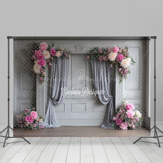 Lofaris Elegant Grey Wall Photography Backdrop with Pink Peonies Classical Drapes Wedding Photo Background