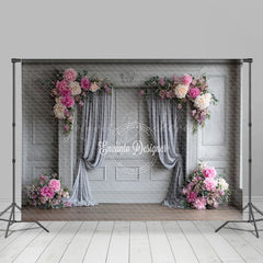 Lofaris Elegant Grey Wall Photography Backdrop with Pink Peonies Classical Drapes Wedding Photo Background