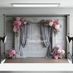 Lofaris Elegant Grey Wall Photography Backdrop with Pink Peonies Classical Drapes Wedding Photo Background