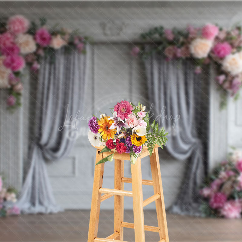 Lofaris Elegant Grey Wall Photography Backdrop with Pink Peonies Classical Drapes Wedding Photo Background