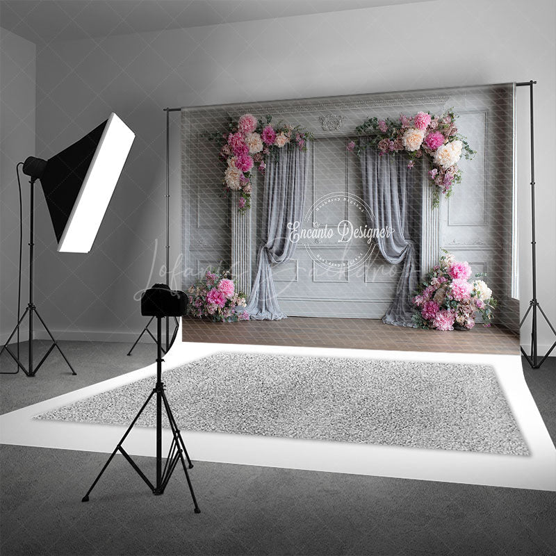 Lofaris Elegant Grey Wall Photography Backdrop with Pink Peonies Classical Drapes Wedding Photo Background