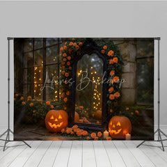 Lofaris Elegant Halloween Photography Backdrop with Ornate Mirror Jack-o’-Lanterns and Orange Roses Spooky Gothic Garden