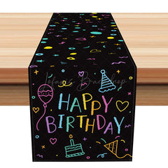 Lofaris Elegant Happy Birthday Table Runner with Black Ribbons and Gold Stars for Adult Party Decoration