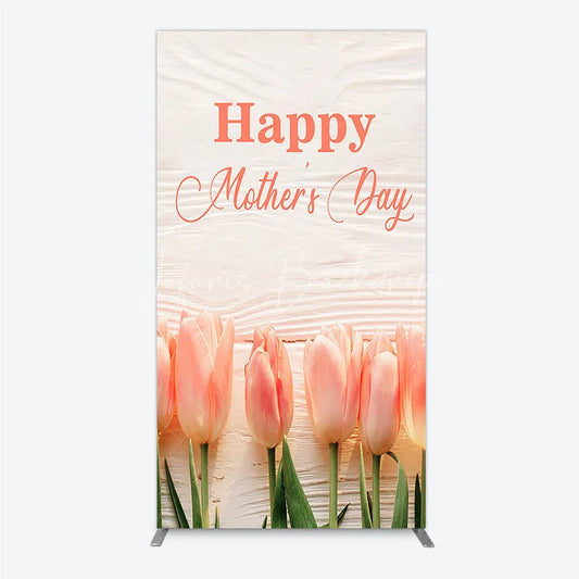 Lofaris Elegant Happy Mother’s Day Rectangle Arch Backdrop with Soft Pink Tulips and Rustic White Wood Texture