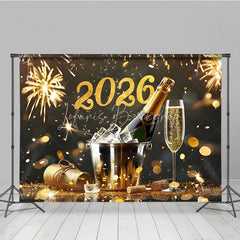 Lofaris Elegant Happy New Year 2026 Backdrop with Champagne and Fireworks Black Gold Glitter NYE Party Photo Booth
