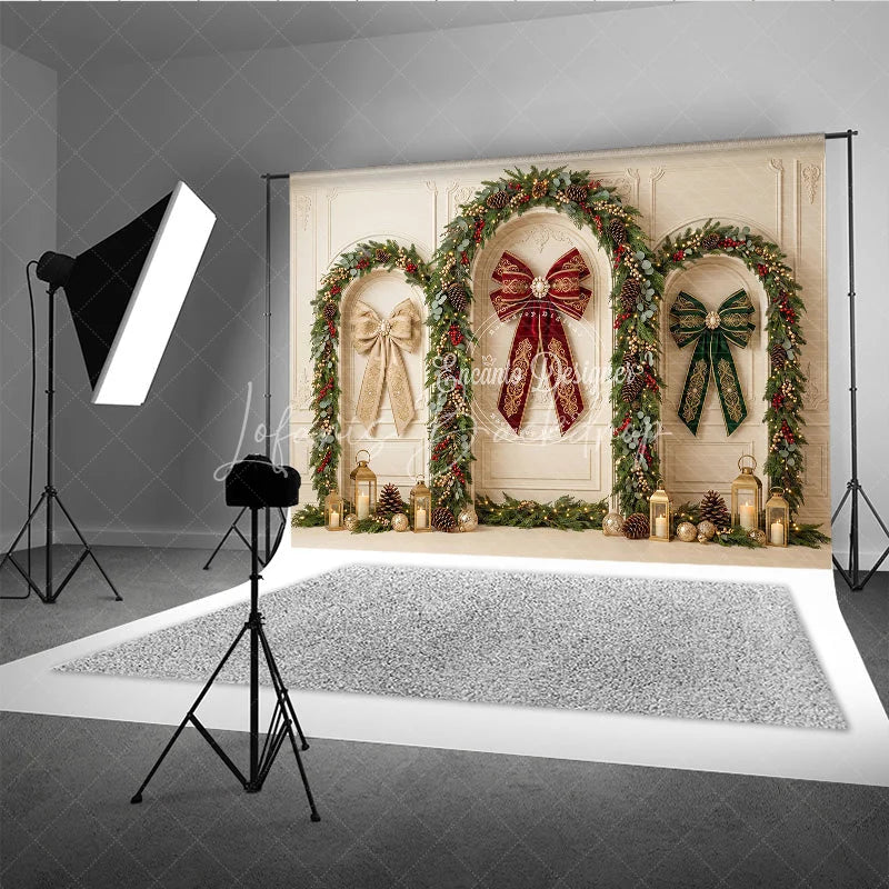Lofaris Elegant Holiday Backdrop with Festive Garlands Ornate Bows and Golden Lanterns for Christmas Party Decor