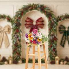 Lofaris Elegant Holiday Backdrop with Festive Garlands Ornate Bows and Golden Lanterns for Christmas Party Decor
