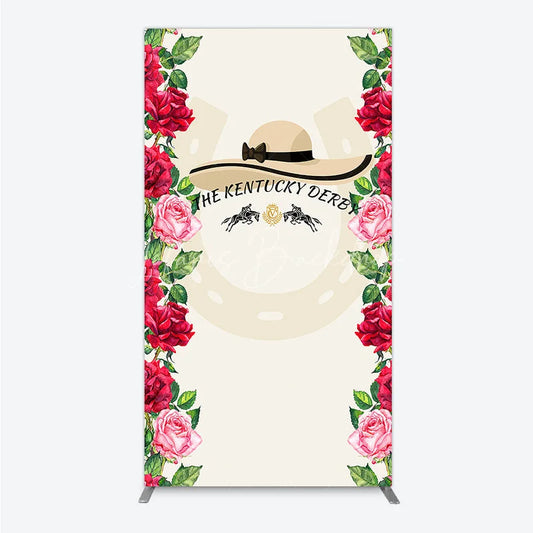 Lofaris Elegant Horse Racing Party Rectangle Arch Backdrop featuring a Chic Hat and Vibrant Red Pink Roses