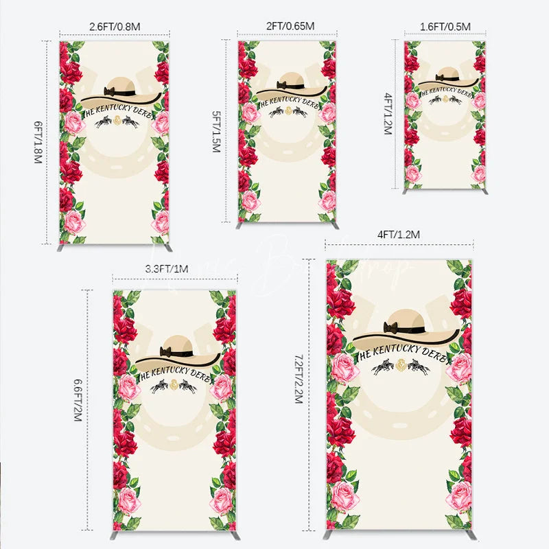 Lofaris Elegant Horse Racing Party Rectangle Arch Backdrop featuring a Chic Hat and Vibrant Red Pink Roses