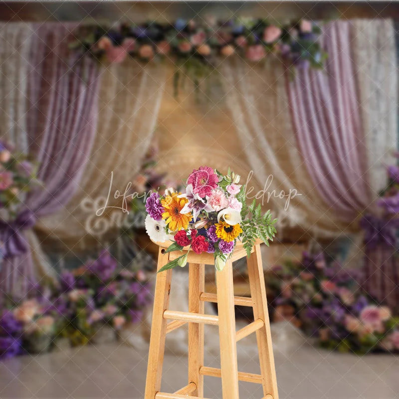 Lofaris Elegant Lavender Curtains and Lace Photography Backdrop Romantic Floral Arrangements for Wedding Party