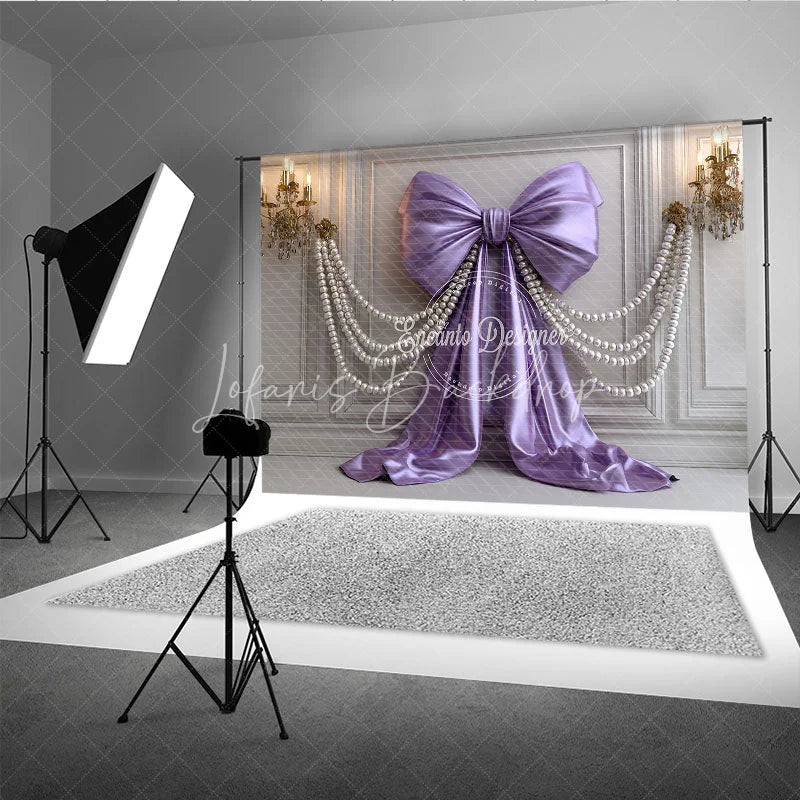 Lofaris Elegant Lavender Satin Bow and Pearl Strands Photography Backdrop White Paneled Wall with Gold Chandeliers